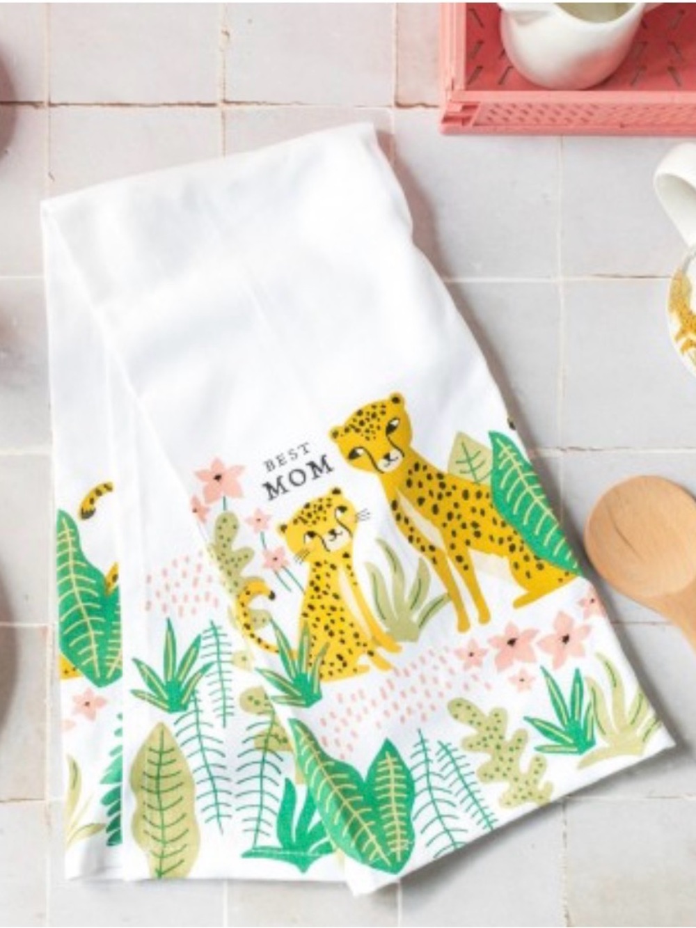 Danica Jubilee Best Mom Leopard Kitchen Towel - White with Yellow & Green NEW!